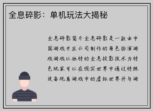 全息碎影：单机玩法大揭秘